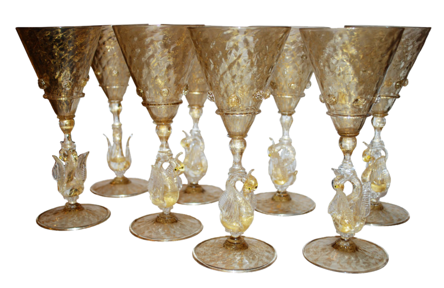 Set of 8 Venetian Glass Goblets Wine Water Swan Stem_3